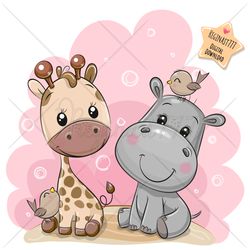 Cute Cartoon Giraffe and Hippo Girl PNG, clipart, Sublimation Design, Friends, Print, clip art