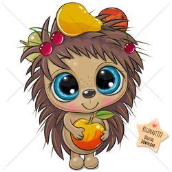 Cute Cartoon Hedgehog PNG, clipart, Sublimation Design, Children printable, Girl, Apple, art