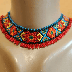 Colored beaded geometric necklace Boho necklace Tribal necklace Native Ukrainian necklace Huichol necklace
