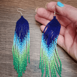 Extra long blue green gradient earrings Seed bead earrings Boho ombre earrings Fringe blue green beaded earrings