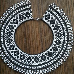 Exquisite wide black and white geometric beaded necklace Birthday gift for her
