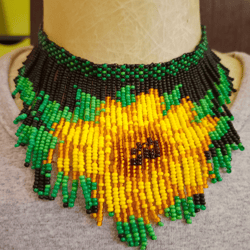 Beaded necklace with sunflower Beadwork fringed choker necklace, Boho flower necklace for woman Gift for mom