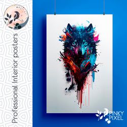 Colorful Wolf Head Poster with Paint Splatters - High-Quality Digital Print - Digital Art - Digital Poster!