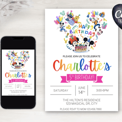 colorful disney birthday invitation | digital download | printable | editable
