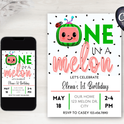 one in a melon cocomelon birthday invitation | digital download | printable | editable