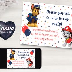 paw patrol birthday thank you card | digital download | printable | editable
