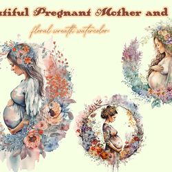 beautiful pregnant mother and floral wreath watercolor