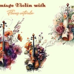 vintage violin with flowers watercolor