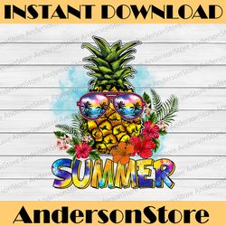 pineapple png with summer sunglasses palm tree sunset flowers png |watercolor png | beach tropical summer png