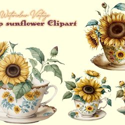 Watercolour Vintage Teacup sunflower Clipart