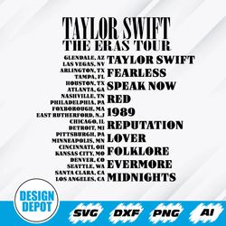 Two Sided Taylor Eras Tour Svg, With Tour Places and Albums on The Back Svg, Evermore, Midnights Concer Svg