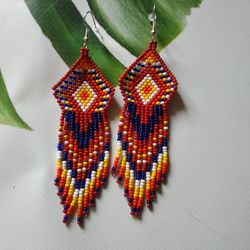 geometric colored beaded earrings beaded feather indian earrings seed earrings beaded fringe long beaded earrings