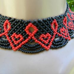 Red and black beaded necklace, Huichol necklace, Exquisite geometric necklace, Boho necklace, Tribal necklace