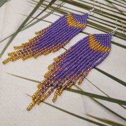 Long seed bead gradient fringed boho purple and gold dainty earrings Long purple earrings for women