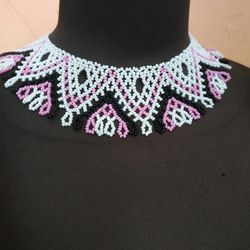 White and pink beaded Huichol necklace, Ukrainian colorful beaded necklace for women