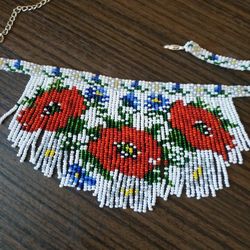 Beaded choker necklace with fringed poppies and cornflowers Spectacular necklace choker in beads Flower necklace