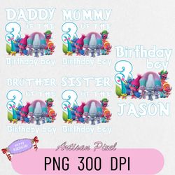 trolls girls birthday png, custom family matching png, kids party png, personalized name and age png