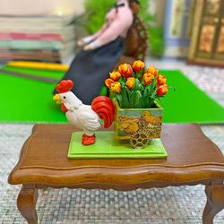 Easter miniature. Cockerel with a cart of tulips. 1:12.