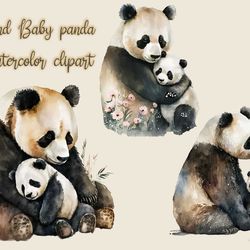 Mom and Baby panda watercolor clipart