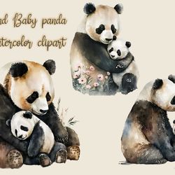 mom and baby panda watercolor clipart