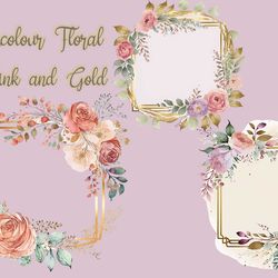 watercolour floral pink and gold frame clipart