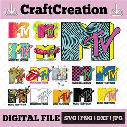 mtv bundle svg, png cricut ready, cut files, digital vector file | 15 designs retro mtv, music television, 80's, 90's tv