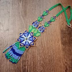 Huichol beaded necklase Huichol jewelry floral necklace Beaded flower necklace native american Blue beaded necklace