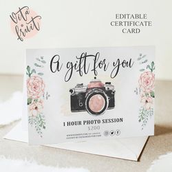 Editable Certificate, Photo Session Voucher Card, Photography Gift Certificate Template, Photography gift Card Template