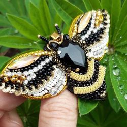 bee brooch, embroidery, insect jewelry, pin accessory, rhinestone bee, dress decoration, beaded butterfly, gift for her