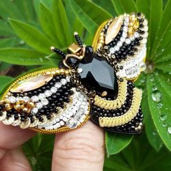 Bee Brooch, Embroidery, Insect Jewelry, Pin Accessory, Rhinestone Bee, Dress Decoration, Beaded Butterfly, Gift for Her