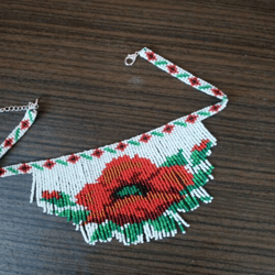 Beaded choker Beads necklace with poppies with fringe Spectacular necklace-choker in beads Flower necklace Red Seed bead