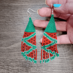 Long beaded fringe earrings watermelon Long beaded Boho earrings Long fringe Huichol earrings Green beaded earrings