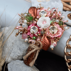 brooch "delicate bouquet",floral embroidery,beadwork,flowers for a gift,accessory for her,strass jewelry,clothing design