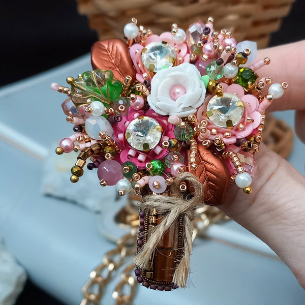 Brooch "Delicate bouquet",Floral embroidery,Beadwork,Flowers for a gift,Accessory for her,Strass jewelry,Clothing design