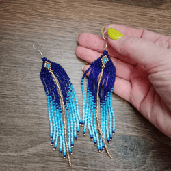 Blue gold beaded earrings Fringe navy blue beadwork earrings Seed bead Extra long gradient earrings Boho ombre earrings