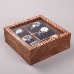 Watch organizer Wooden jewelry box with lid Engraved display case Handcrafted storage Christmas gift for men and women
