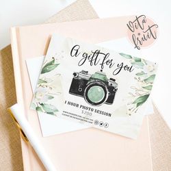 Greenery Photography Gift Certificate Template, Gift Certificate Printable, Photo Session Voucher Card, Photographer