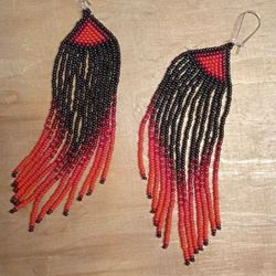 red beaded fringe earrings extra long gradient earrings seed bead earrings boho ombre earrings