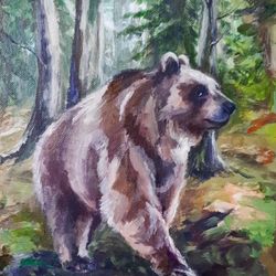 Bear painting Original acrylic painting Wildlife painting Forest animal art Woodland painting Small painting
