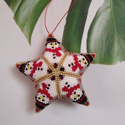 christmas star with snowman 3d peyote christmas star, christmas holiday home decor, seed bead christmas decoration