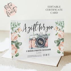 Printable Gift Certificate, Photography gift Card Template, Photo Session Voucher Card, Photographer Gift Card Template