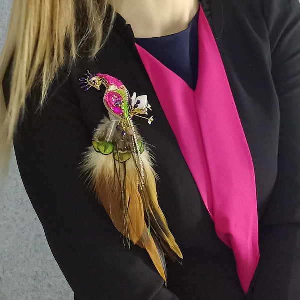 Clothing design, Brooch Peacock, with tail