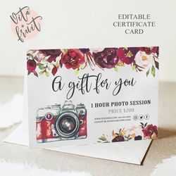 Photo Gift Cards, Instant Download, Photography Gift Certificate Template, Gift Card Photography, Photographer Gift Card