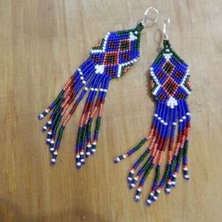 long beaded earrings huichol earrings long geometric earrings mexican style boho style long fringe earrings boho earring