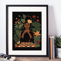 Black girl playing chess, tropical leaves and flowers printable poster, melanin art, african american art, digital