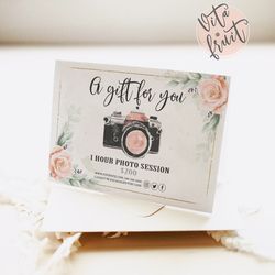 Floral Printable Gift Certificate, Photo Session Voucher Card, Gift Card Photography, Photography Voucher