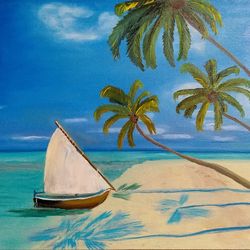 Seascape Oil Painting Desert Island Painting 15*23 inch Boat near the Shore Painting Original Artwork