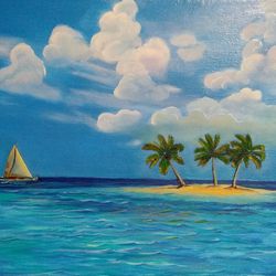 island with palm trees oil painting seascape original artwork 15*23 inch boat near the shore painting