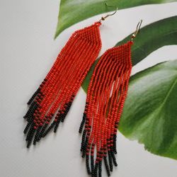 Extra long red and black gradient beaded fringe earrings Mexican earrings , boho ombre earrings