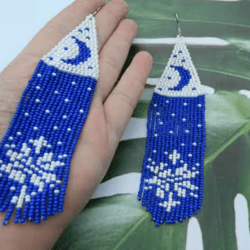 extra long blue and white dangle beaded earrings handmade earrings moon earrings christmas gift for her